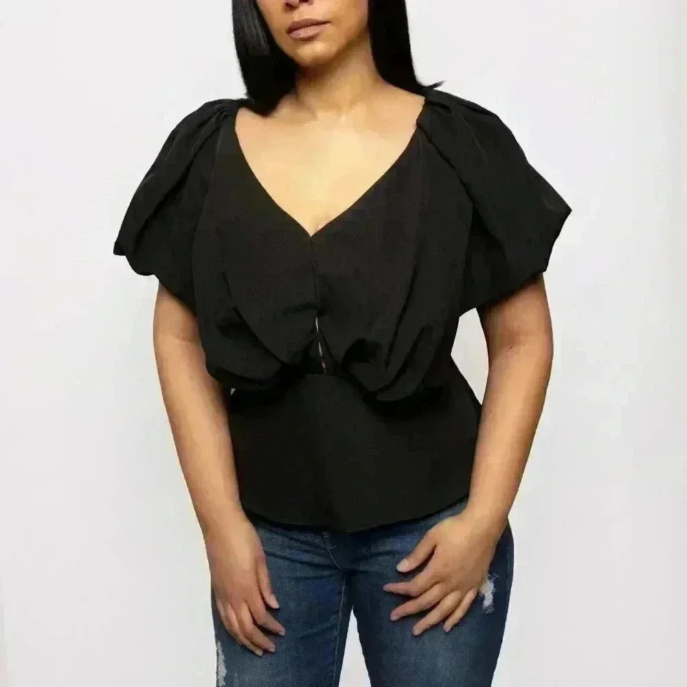 On My Own Balloon Sleeved Peplum Top